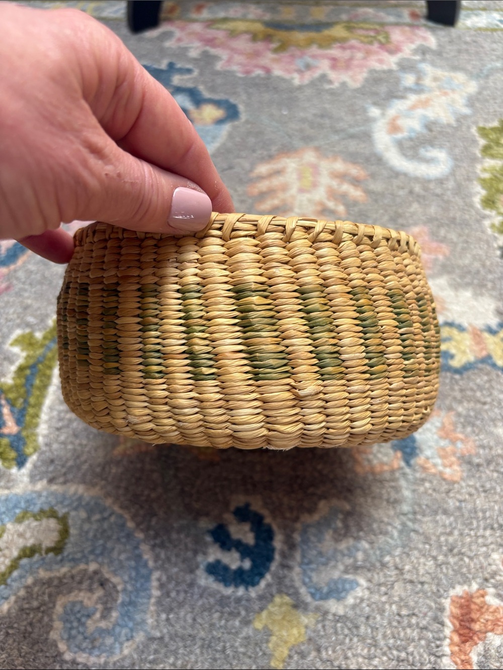 Woven Round Lidded Basket in Natural and Green - Picture 5 of 6